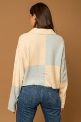 Cream Light Blue Color Block Zip-Up Knit Jacket