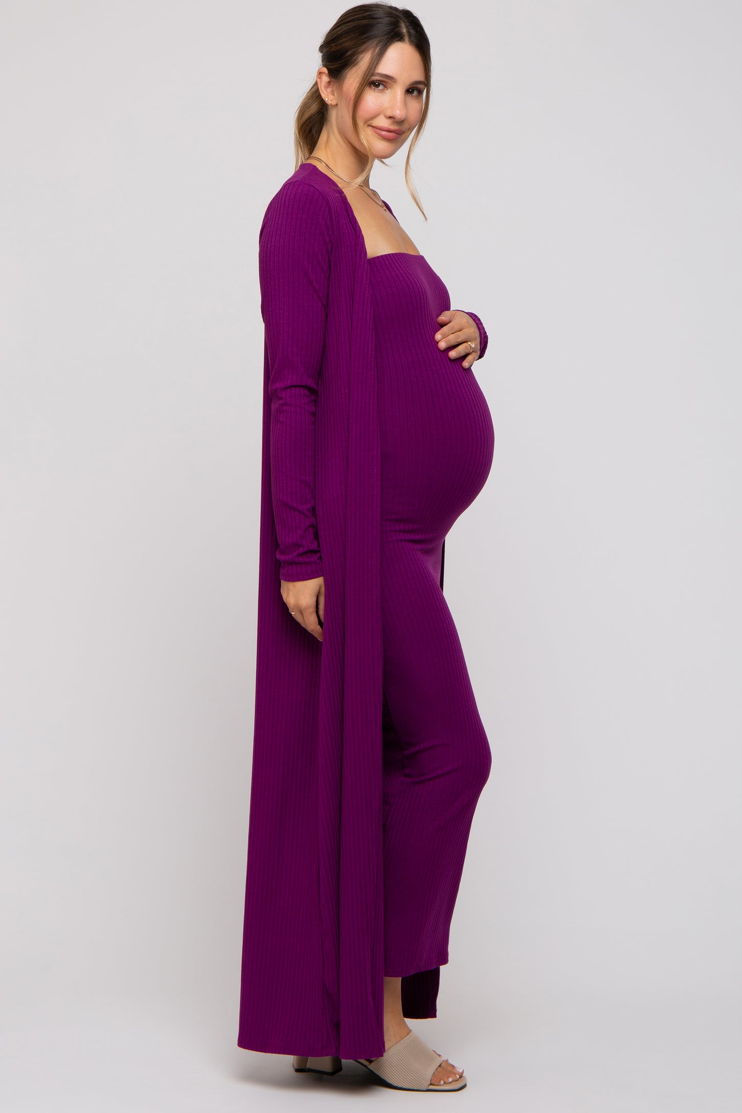 Magenta Ribbed Sleeveless Dress Cardigan Maternity Set PinkBlush