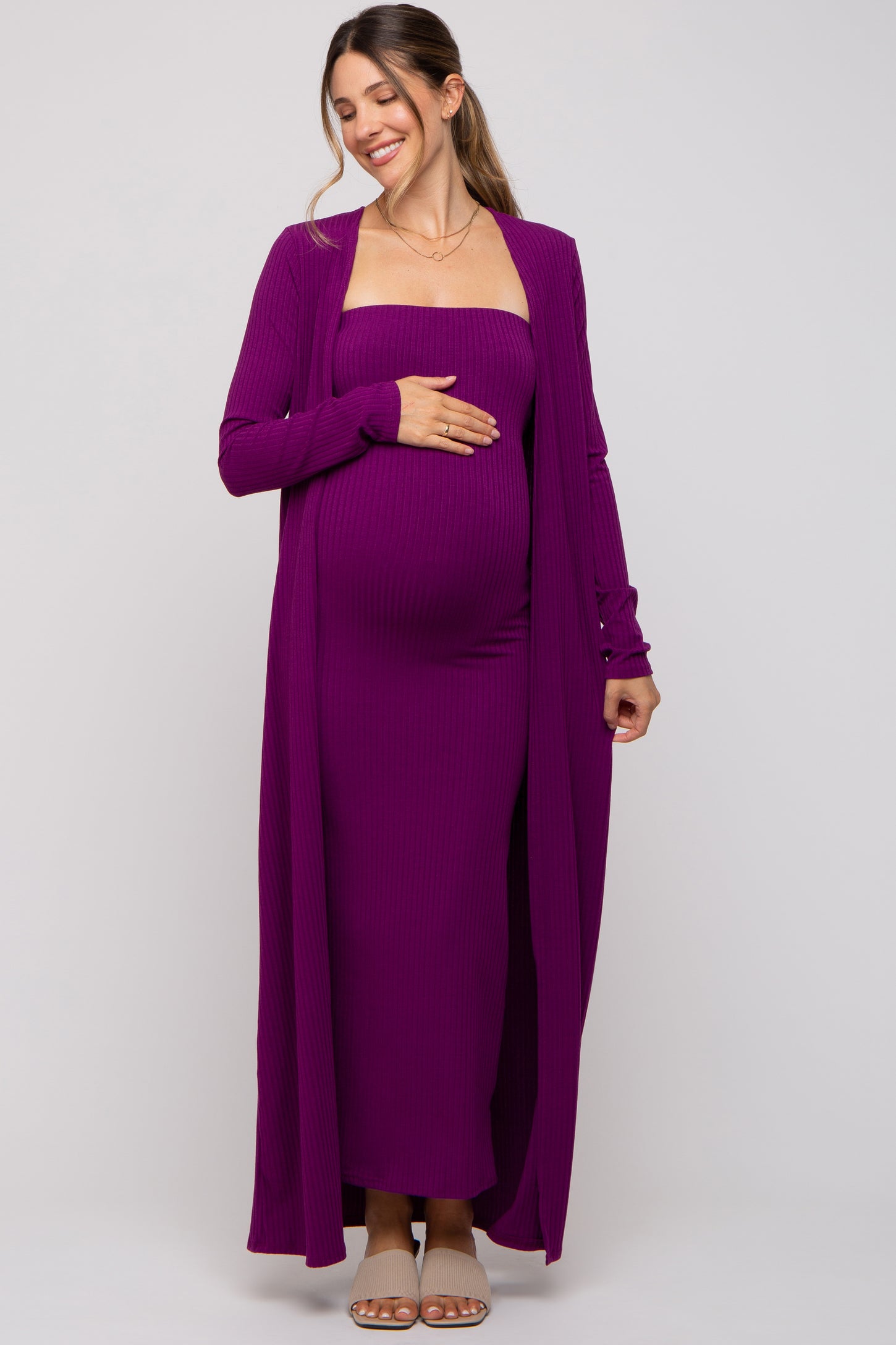 Magenta Ribbed Sleeveless Dress Cardigan Maternity Set– PinkBlush