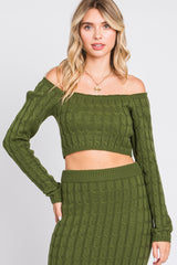 Olive Cable Knit Off Shoulder Midi Skirt Set