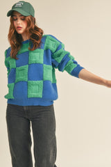 Blue Green Textured Checkered Sweater Pullover
