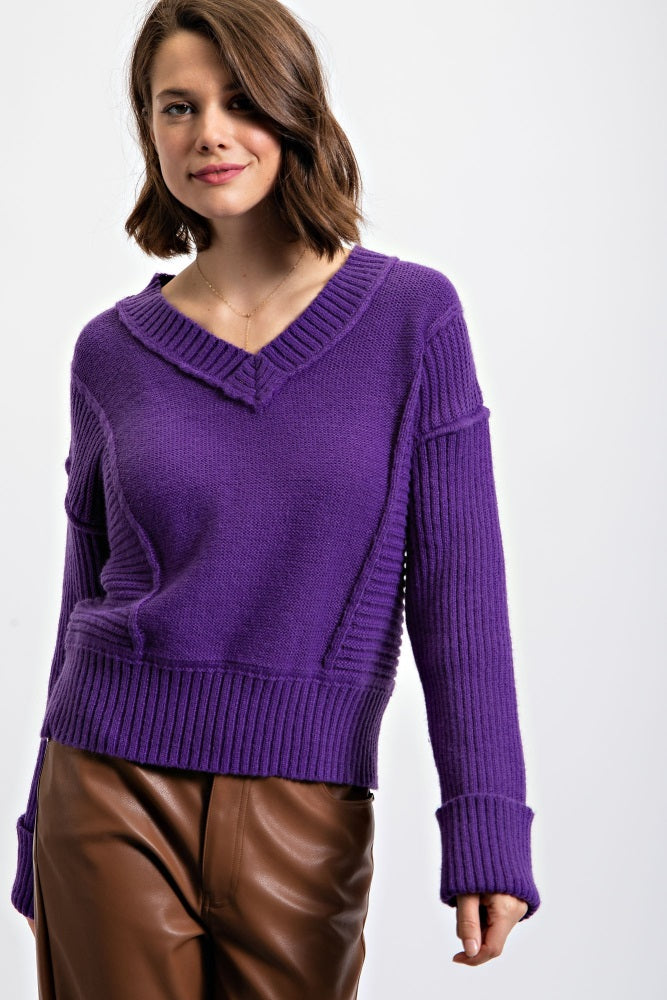 Purple V Neck Sweater Pullover