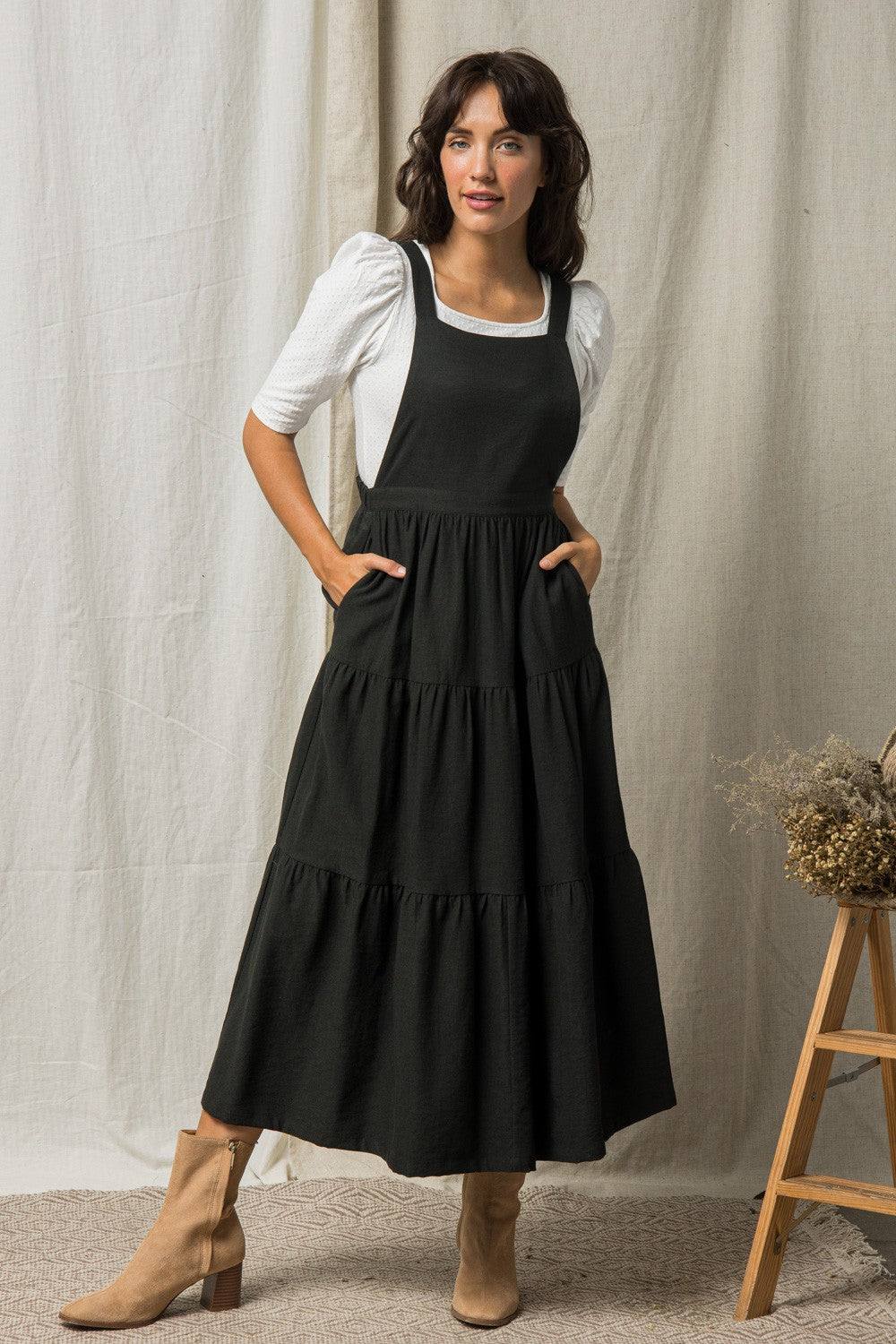 Black Overall Ruffled Maxi Dress