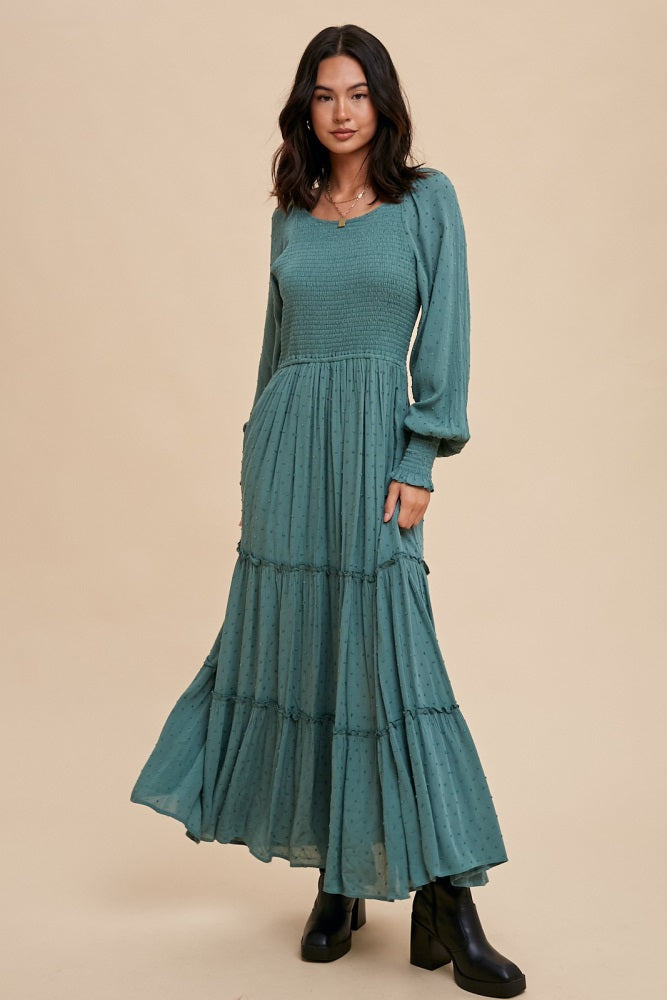 Eucalyptus Swiss Dot Smocked Maxi Dress – PinkBlush