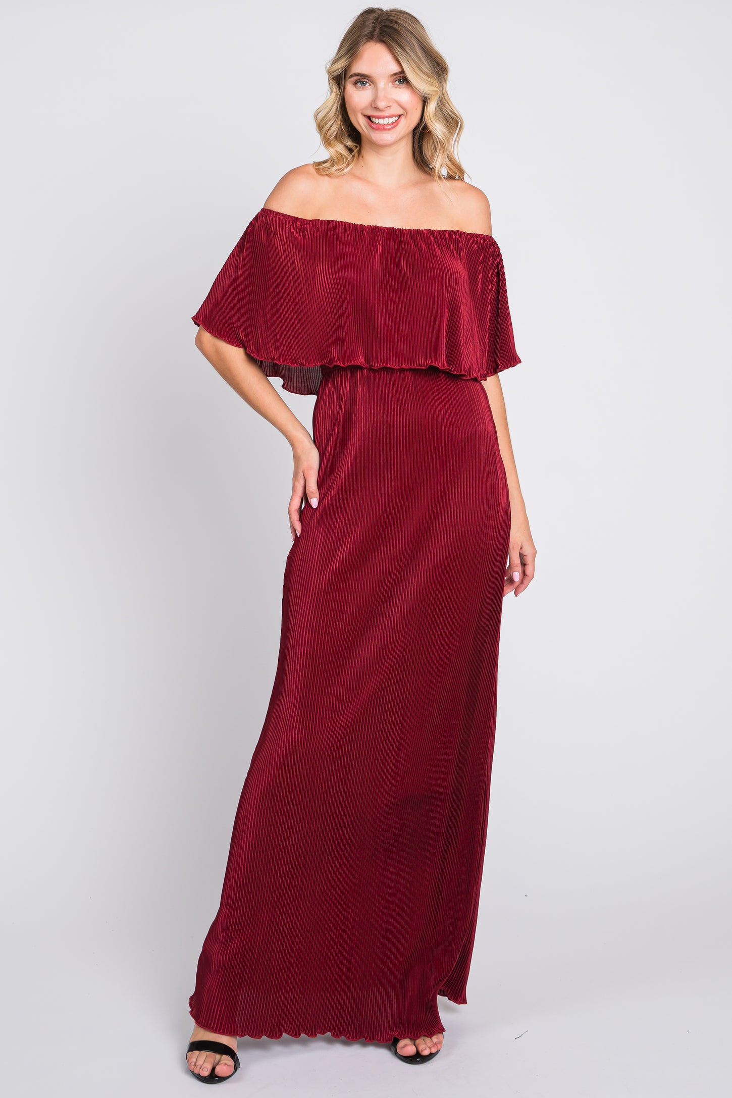 Burgundy Pleated Ruffle Off Shoulder Maxi Dress– PinkBlush