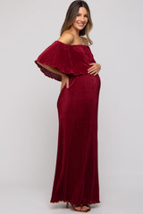 Burgundy Pleated Ruffle Off Shoulder Maternity Maxi Dress