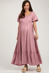 Pink Plaid Puff Sleeve Maternity Maxi Dress
