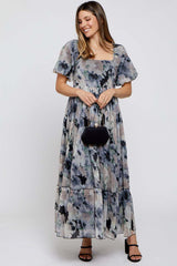 Black Floral Puff Sleeve Maternity Maxi Dress