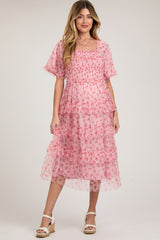 Pink Floral Tulle Smocked Ruffle Tiered Maternity Midi Dress