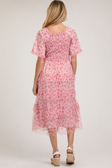 Pink Floral Tulle Smocked Ruffle Tiered Maternity Midi Dress