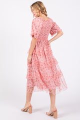 Pink Floral Tulle Smocked Ruffle Tiered Midi Dress