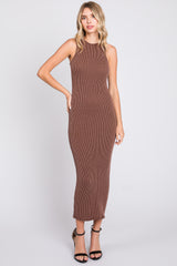 Brown Ribbed Fitted Midi Dress