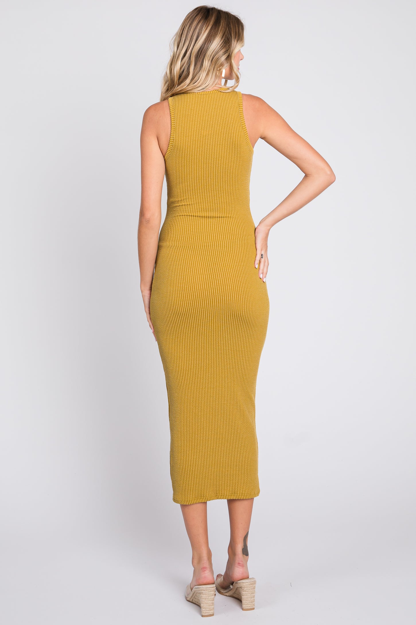 Mustard Ribbed Fitted Midi Dress PinkBlush Mustard Ribbed Fitted Midi Dress PinkBlush
