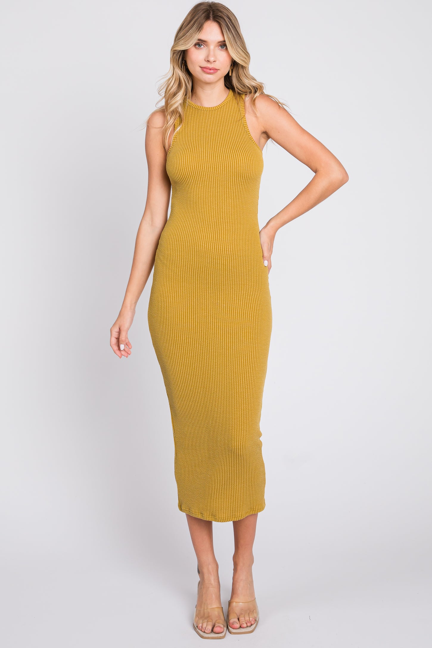 Mustard Ribbed Fitted Midi Dress PinkBlush Mustard Ribbed Fitted Midi Dress PinkBlush