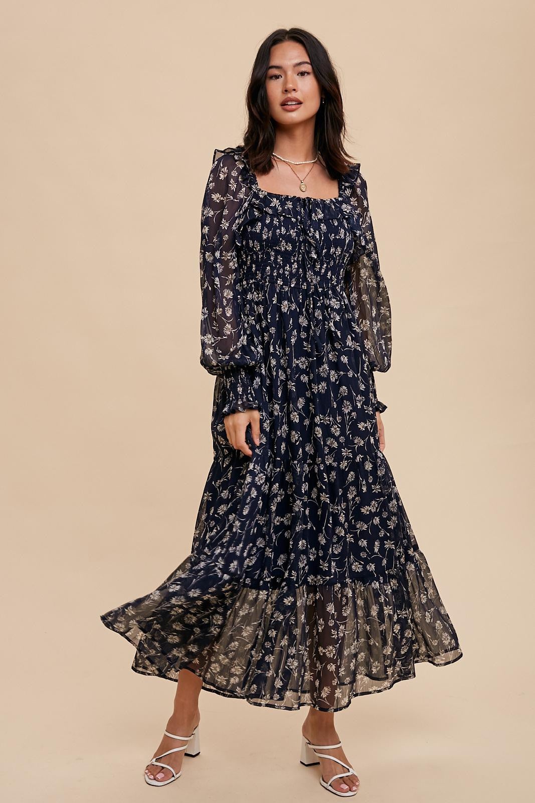Navy Blue Floral Ruffle Square Neck Smocked Maxi Dress – PinkBlush