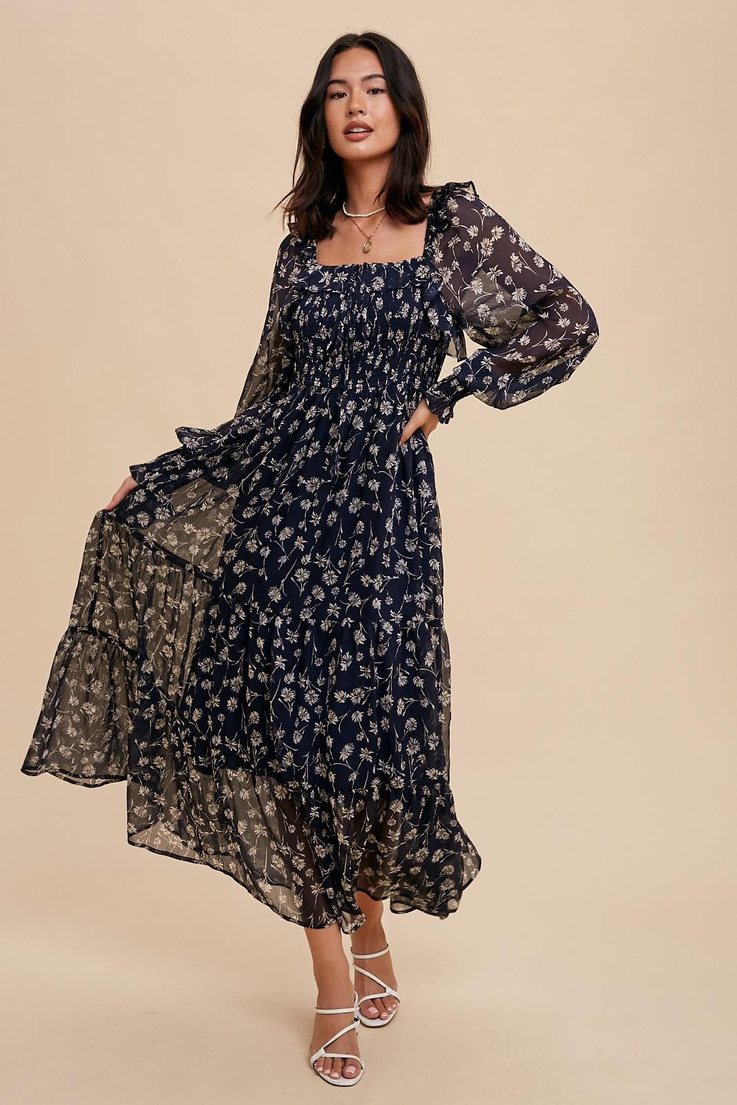 Navy Blue Floral Ruffle Square Neck Smocked Maxi Dress – PinkBlush
