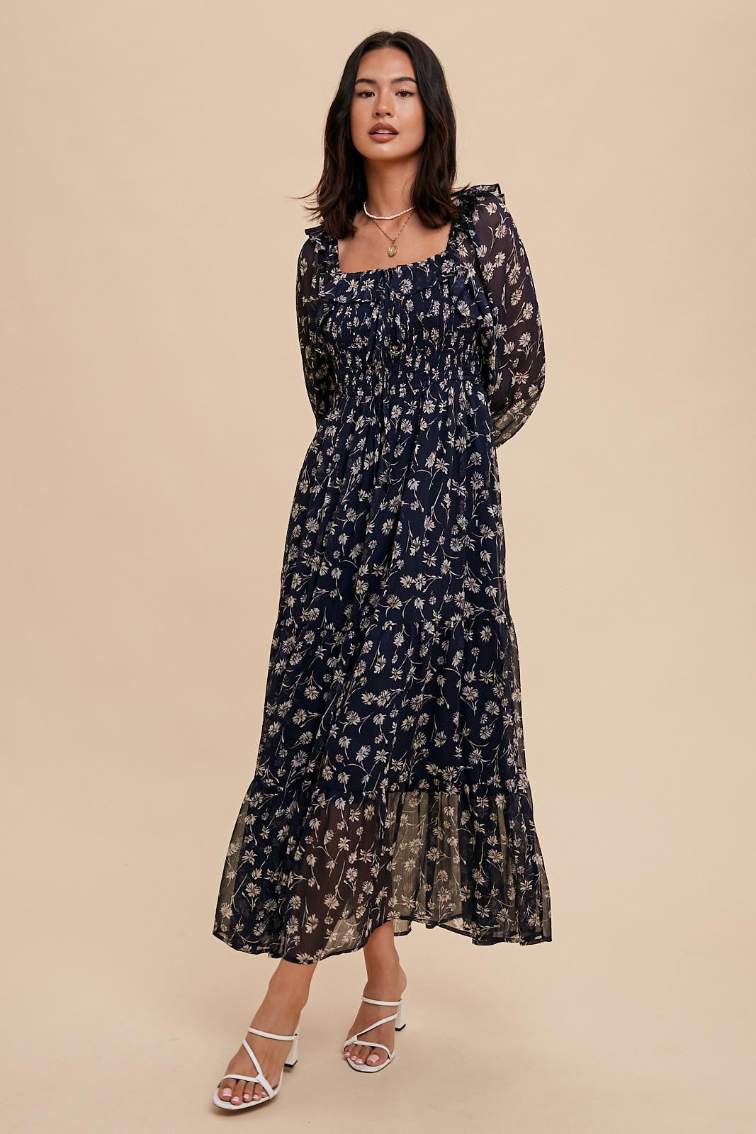 navy blue floral dress with sleeves Ruffle Square Neck Smocked Maxi Ukrainian Dress. Fashion Embroidery Shoe Size:7.5 US Dance under the stars HARD-TAGGED-TW-08.15.25