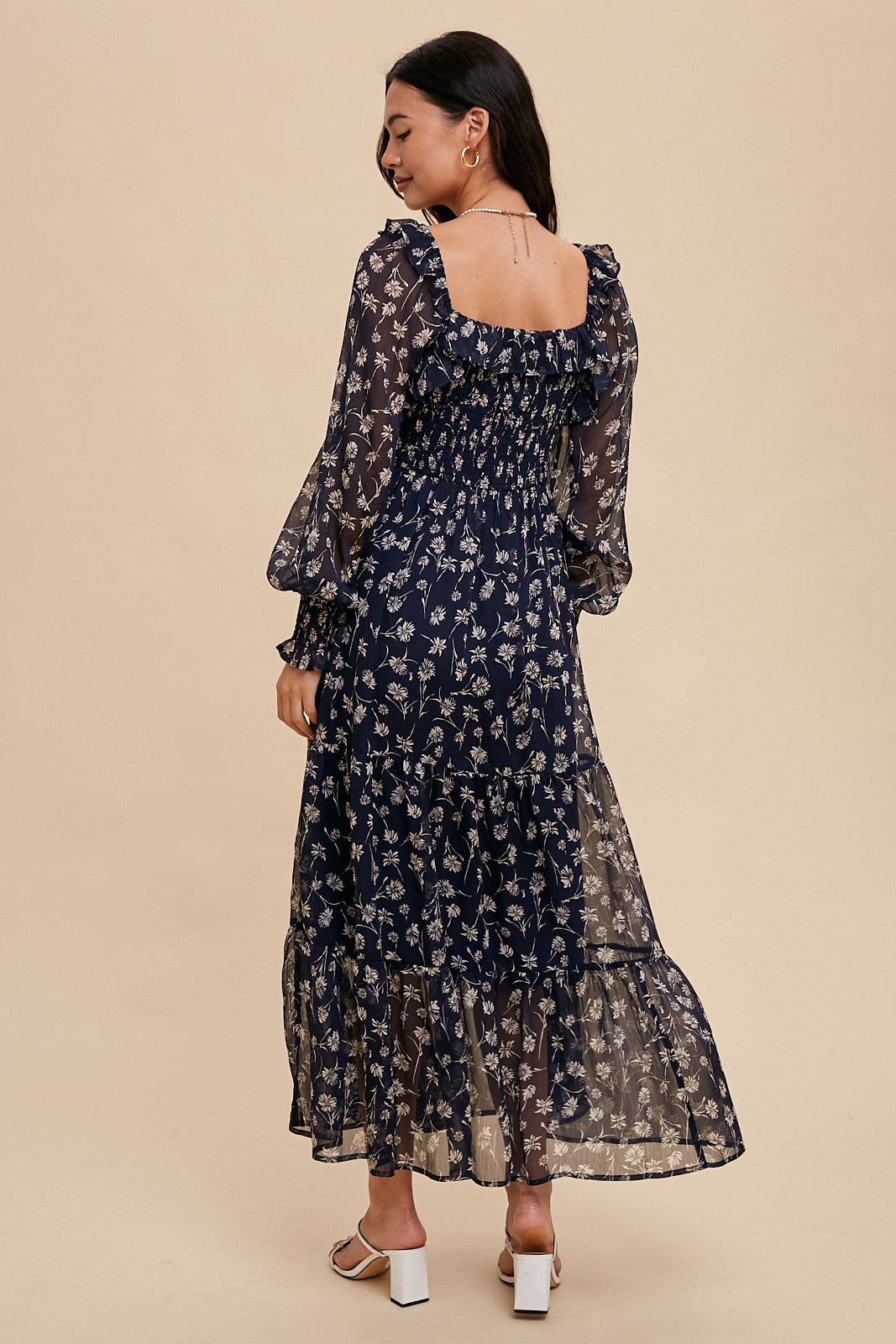 navy floral dress long sleeve Blue Ruffle Square Neck Smocked Maxi – PinkBlush promo: july summer sale 062725 - 070625 Color:Black Aztec Floral burnout chiffon Flowy Green Maxi Dresses For