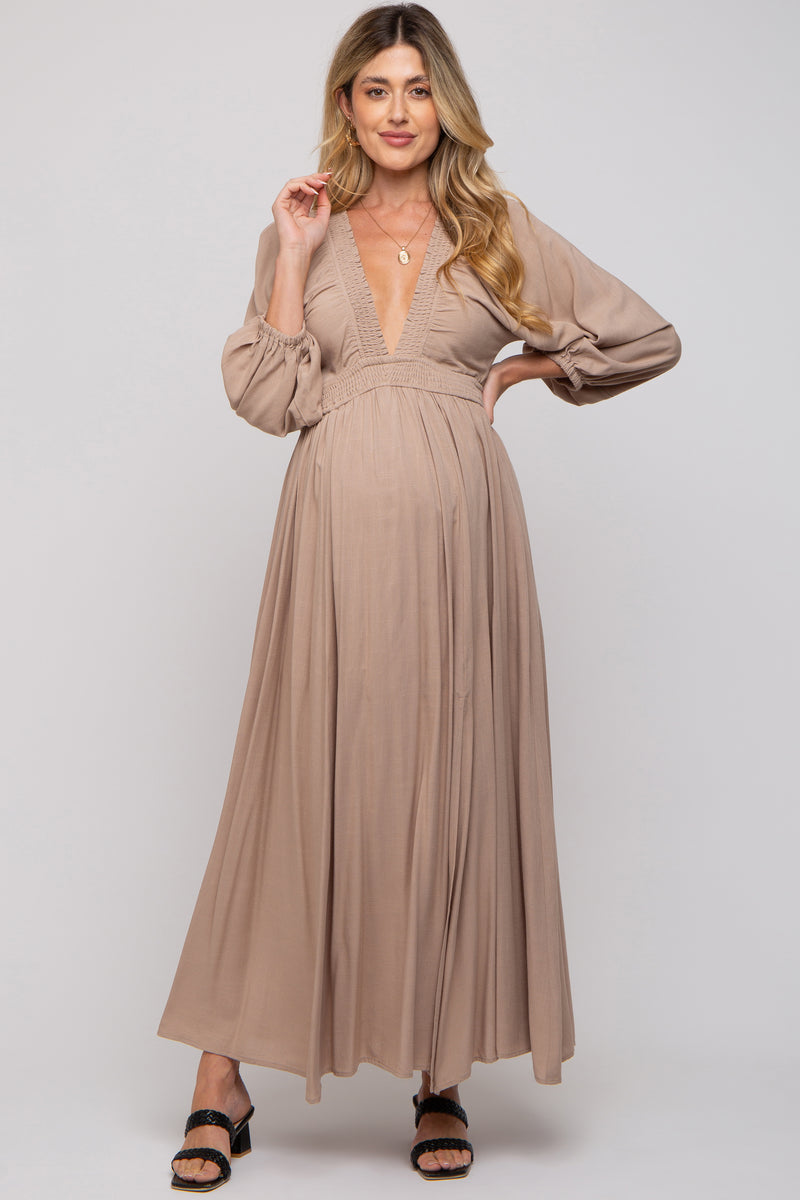 Beige Deep V-Neck Smocked Waist Maternity Maxi Dress – PinkBlush