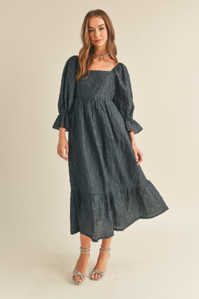 metallic floral tiered midi dress Navy Blue Metallic Jacquard Floral Midi Dress – PinkBlush