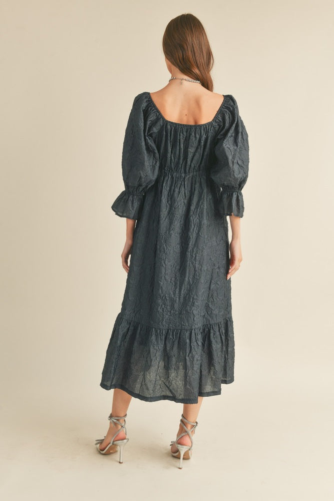 Navy Blue Metallic Jacquard Floral Midi Dress PinkBlush Navy Blue Metallic Jacquard Floral Midi Dress PinkBlush