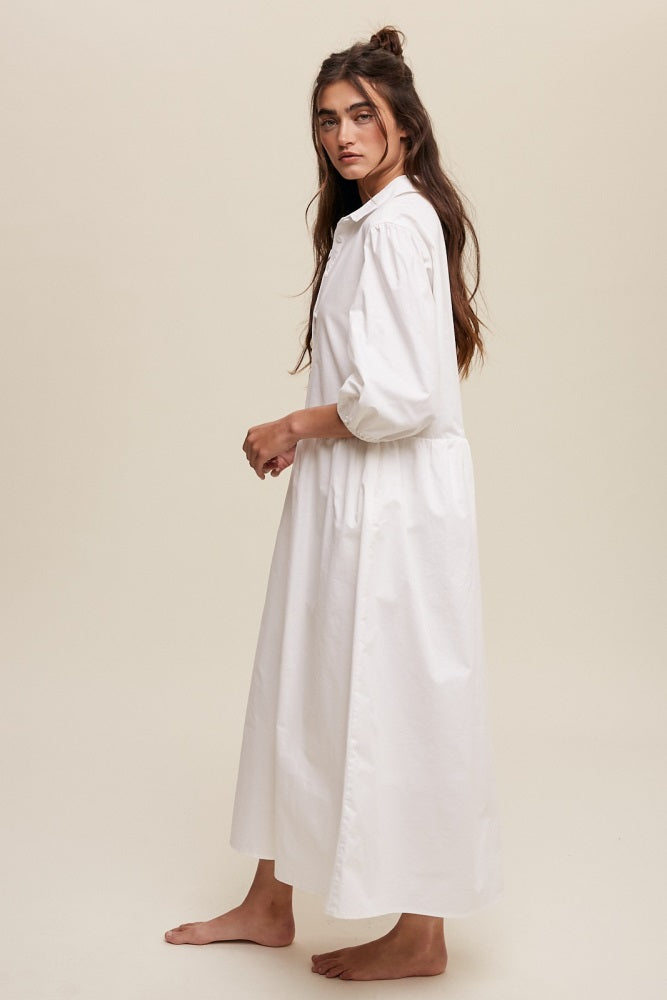 White Button Front Puff Sleeve Babydoll Maxi Dress