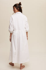 White Button Front Puff Sleeve Babydoll Maxi Dress
