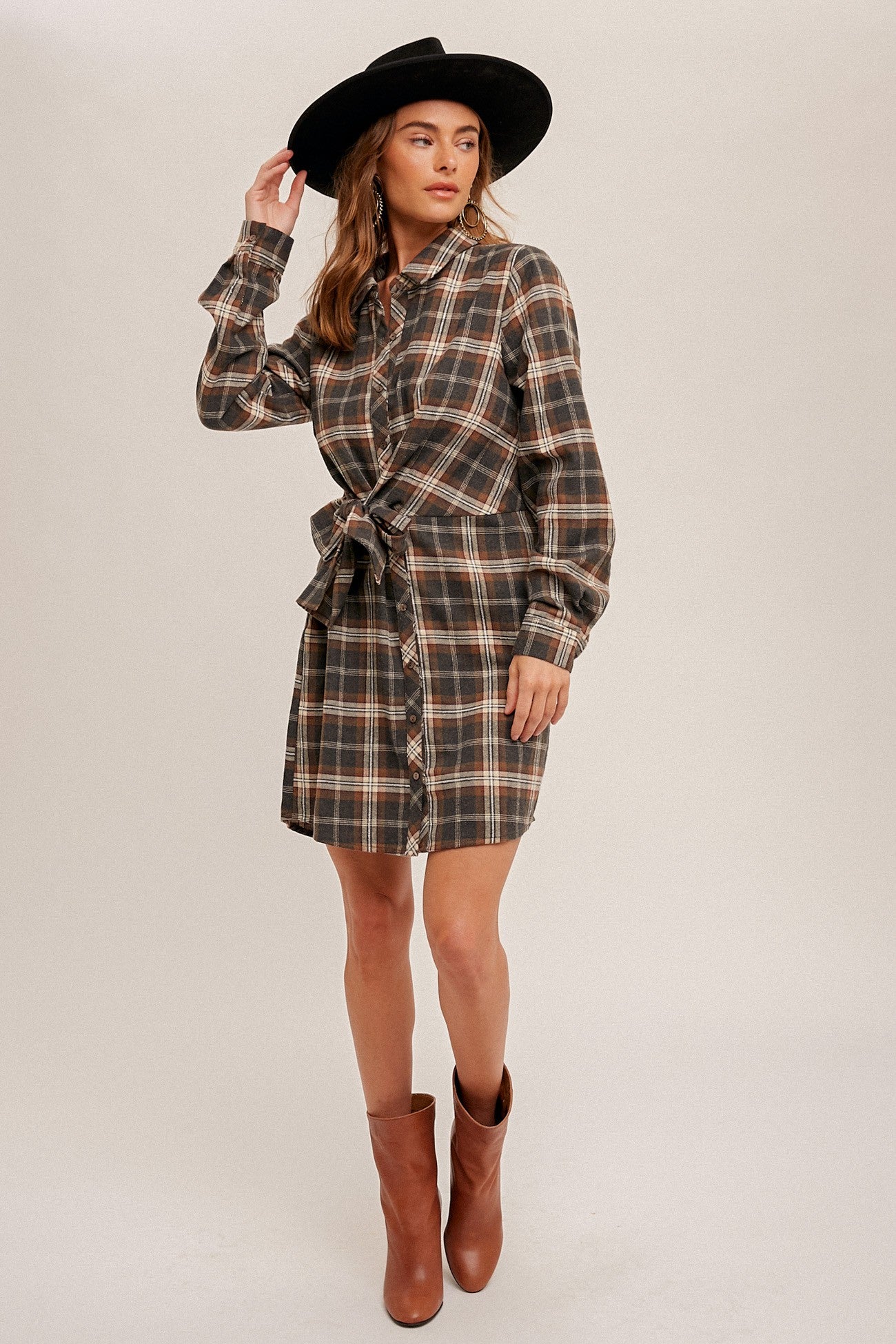plaid collar dress flare hemline brown Elegant Brown Plaid Wool Midi Dress With Belt - Timeless A-line Style for  Fall and Winter Fashion, Custom, Xiaolizi 6417