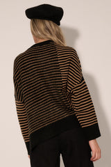 Black Sand Striped Round Neck Asymmetrical Hem Sweater