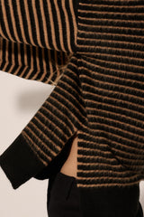 Black Sand Striped Round Neck Asymmetrical Hem Sweater