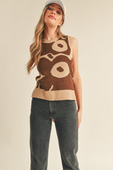 Brown Taupe Abstract Floral Knit Sweater Vest