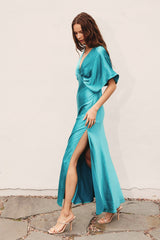 Blue Satin Blouson Maxi Dress