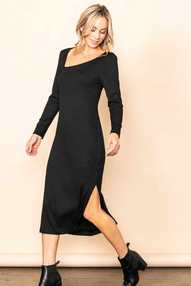 Black Ribbed Side Slit Midi Dress PinkBlush Black Ribbed Side Slit Midi Dress PinkBlush