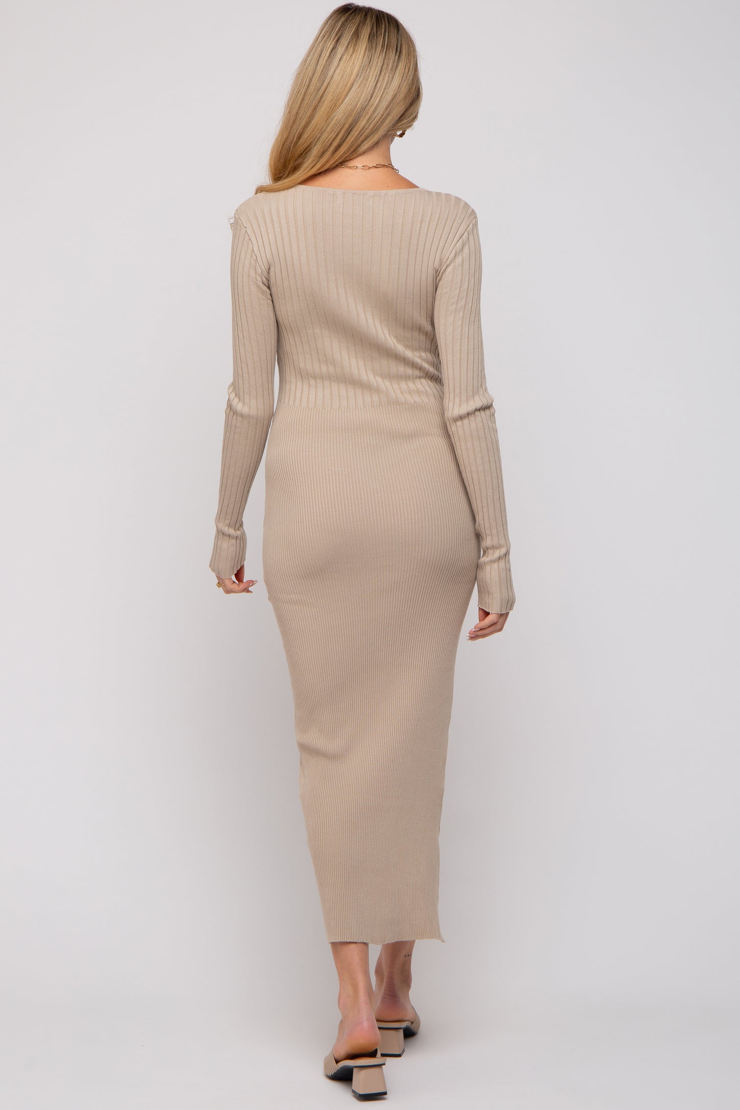 Beige Ribbed Fitted Long Sleeve Maternity Maxi Dress – PinkBlush