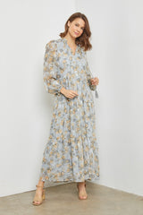Light Blue Floral Button Front Tiered Maternity Maxi Dress