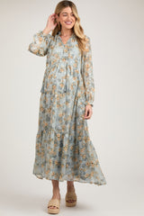 Light Blue Floral Button Front Tiered Maternity Maxi Dress