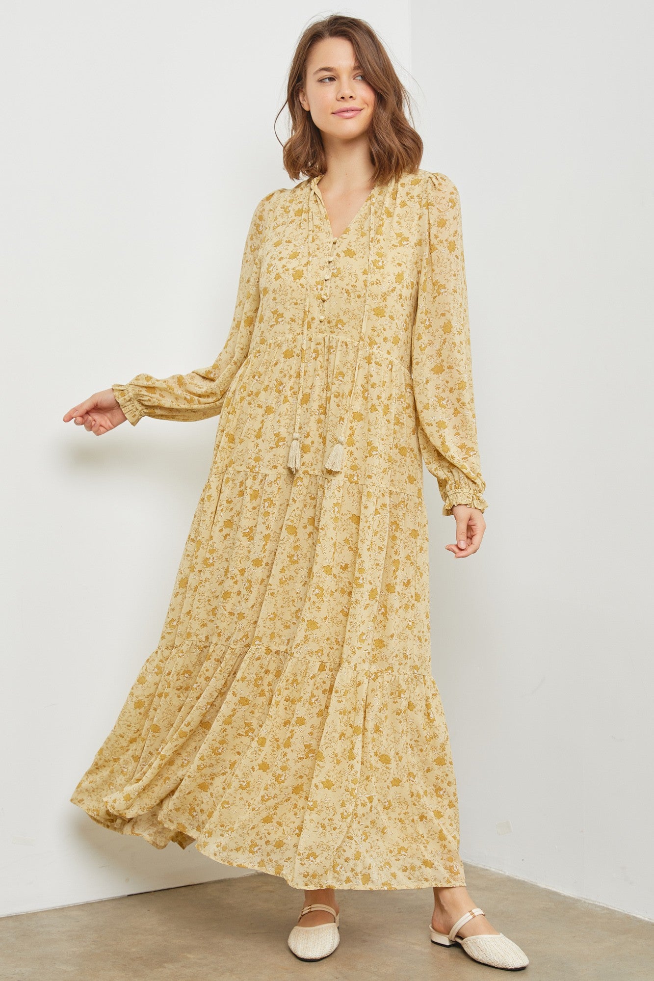 pastel yellow chiffon ditsy floral print tiered frill maxi dress Tiered Frill Maxi Dress Style Rotate NZ