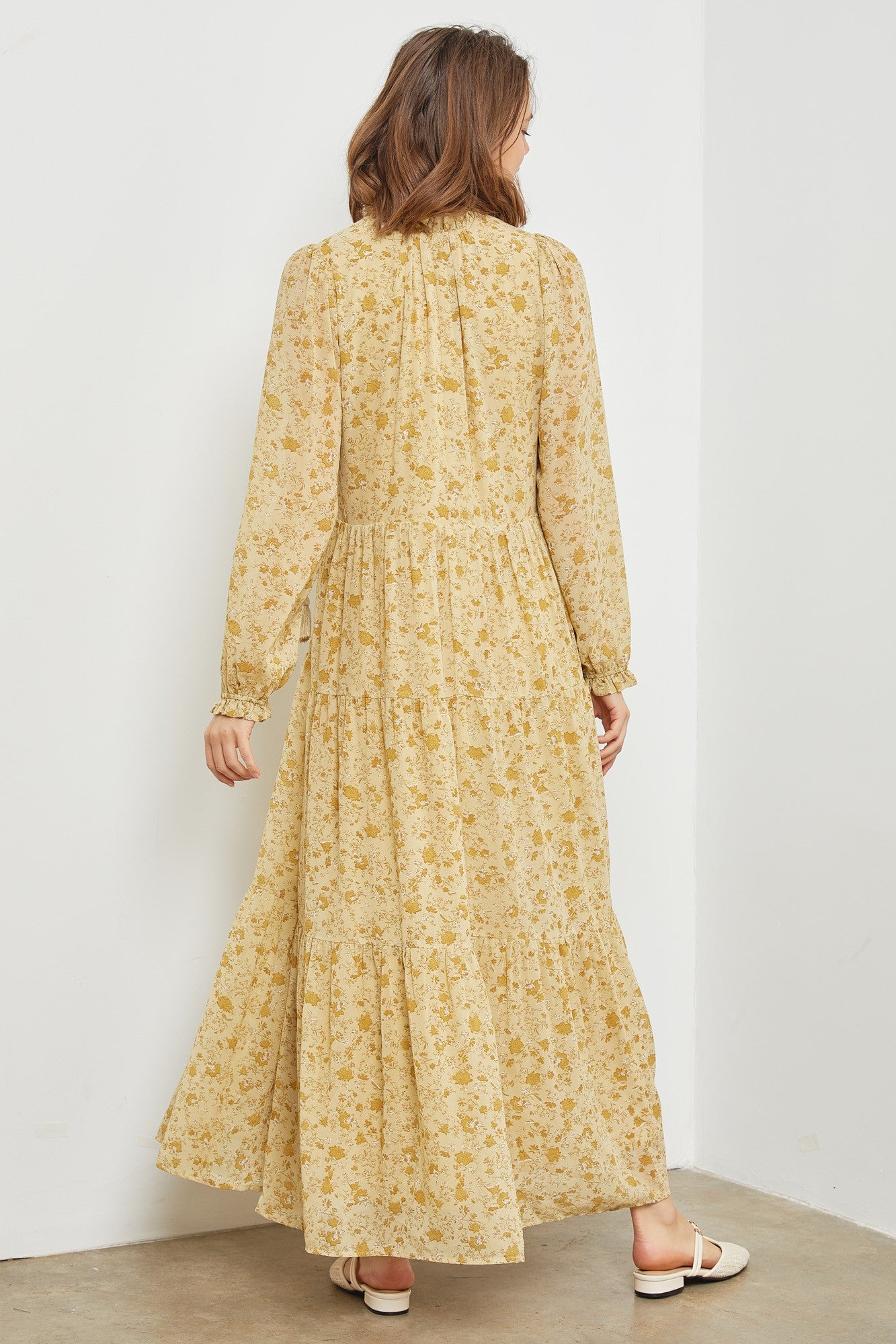 yellow floral chiffon dress Yellow Floral Chiffon Maxi Dress - Romantic V-Neck, Fitted Waist 5093