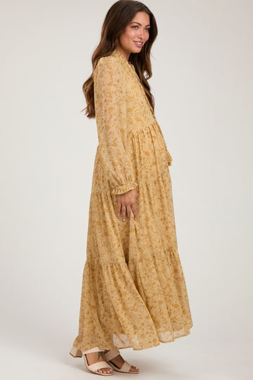 Yellow  Floral Chiffon Front Tie Tiered Maternity Maxi Dress
