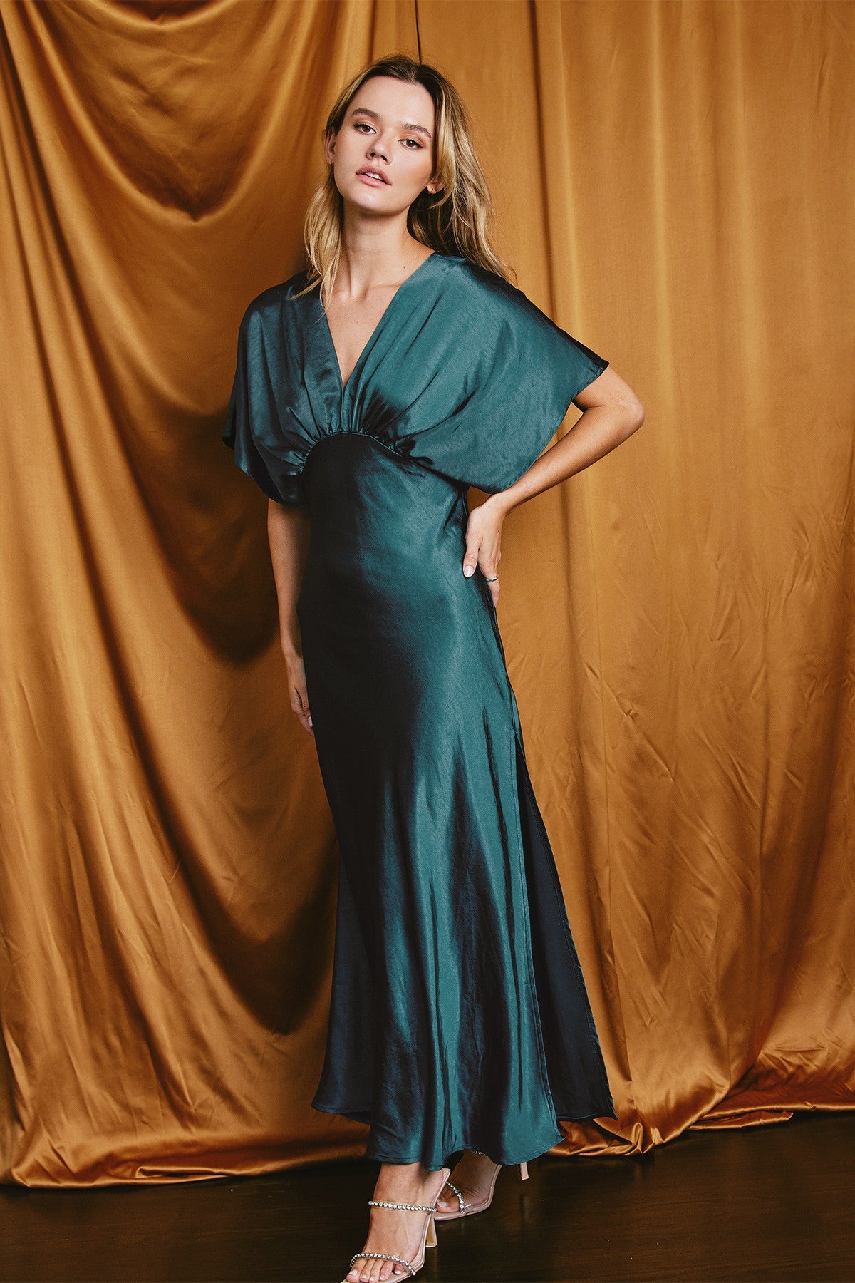 Deep Teal Satin Blouson Maxi Dress PinkBlush Deep Teal Satin Blouson Maxi Dress PinkBlush