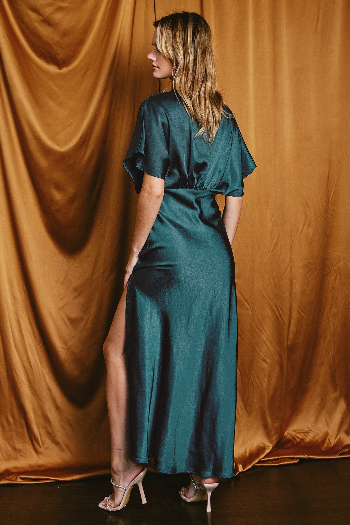 satin wrap dress maxi Deep Teal Blouson – PinkBlush and a zipper closure Color:Fantasia Multi Floral Jacquard Embroidered pink crochet dres