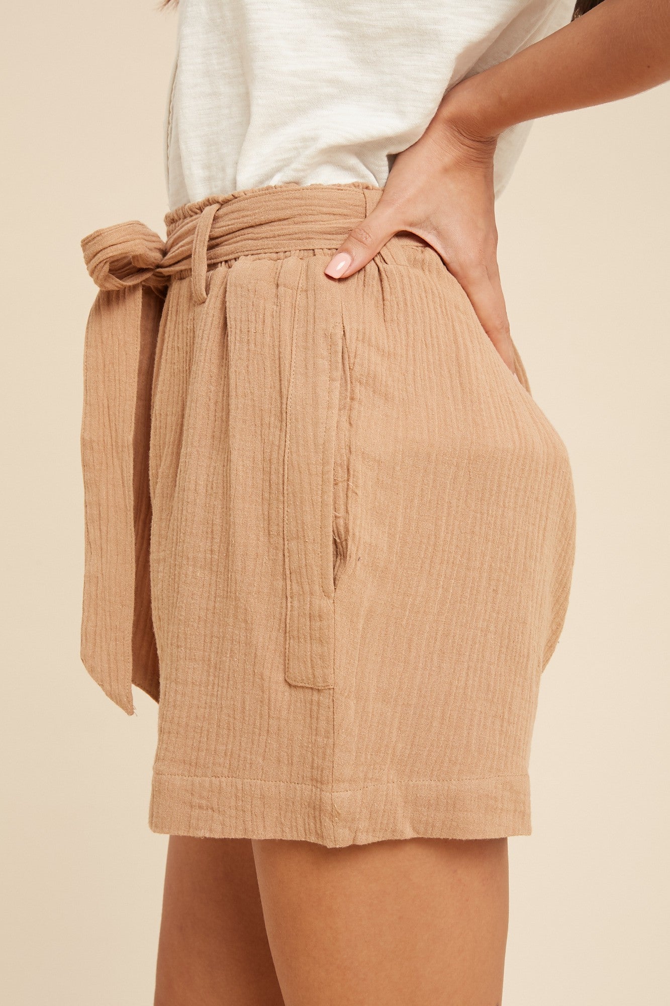 Mocha Garment Washed Paperbag Waist Shorts