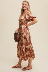 Brown Floral Print Puff Sleeve Silky Satin Midi Dress