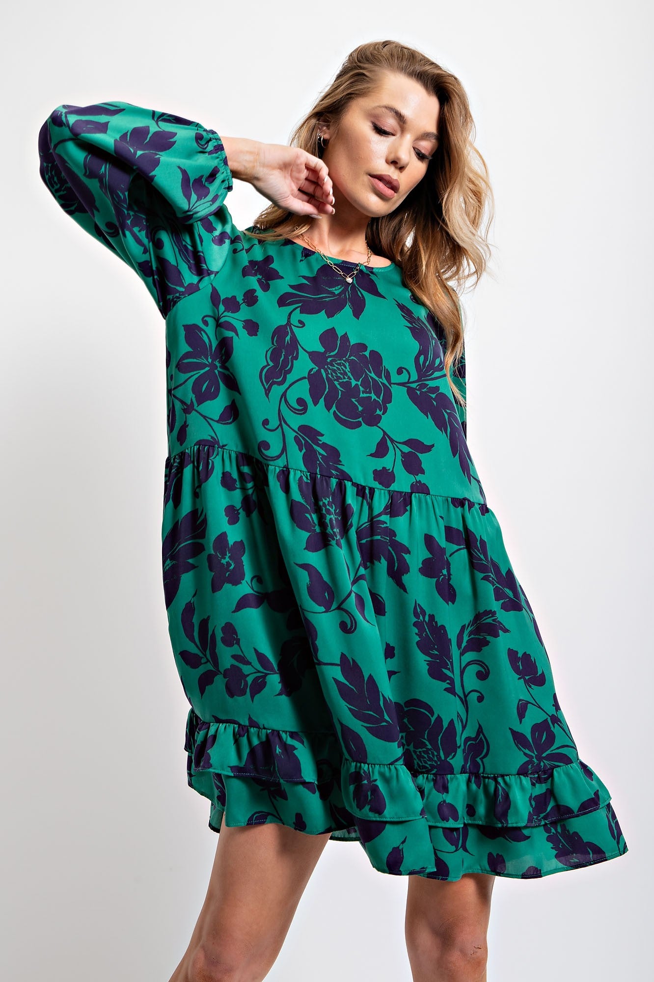 Deep Green Floral Printed Satin Dress