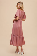 Pink Satin Smocked Midi Dress