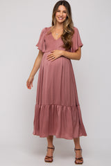 Pink Satin Smocked Maternity Midi Dress