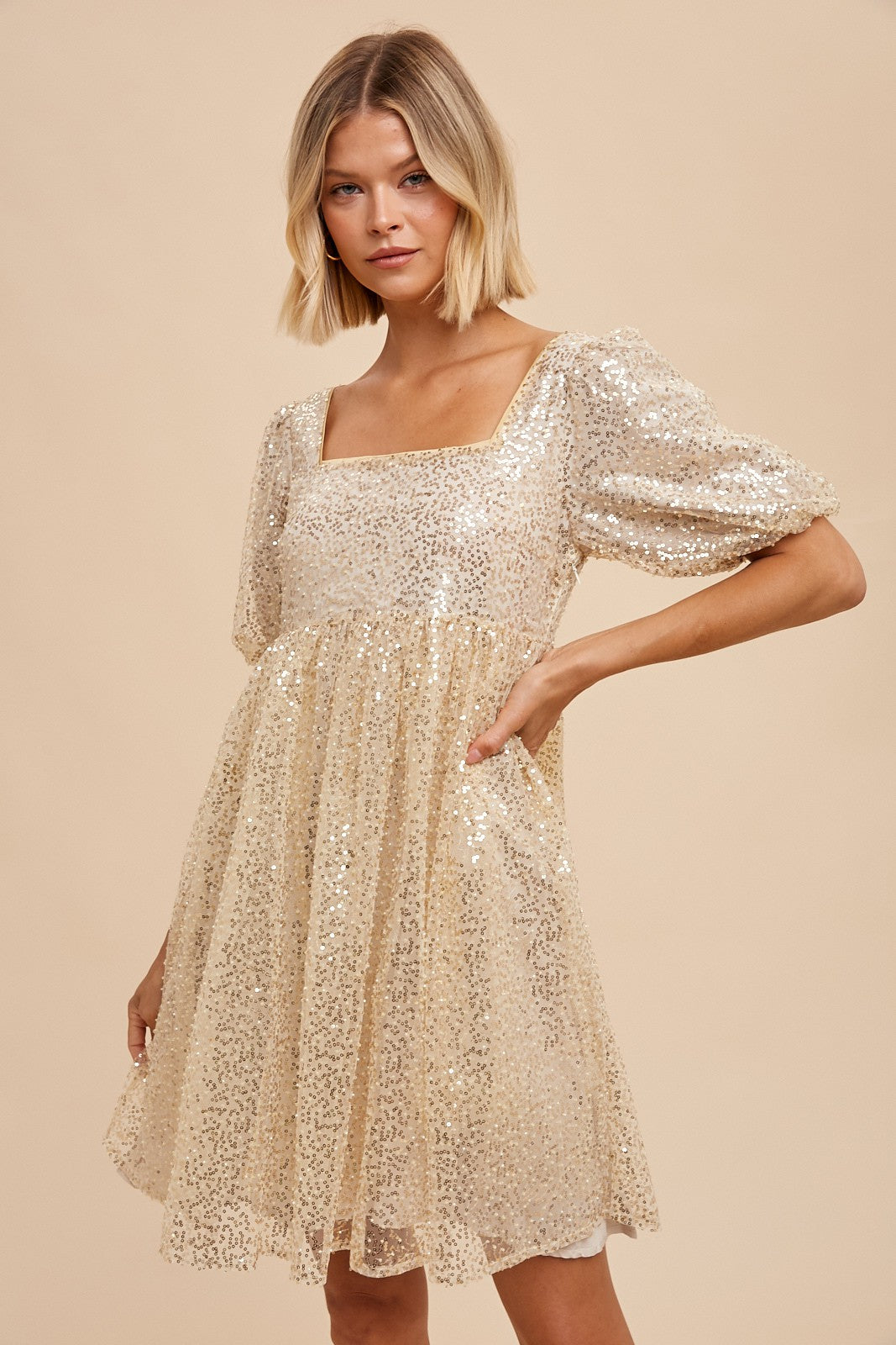 Gold Sequin Pearl Embellished Square Neck Babydoll Dress PinkBlush Gold Sequin Pearl Embellished Square Neck Babydoll Dress PinkBlush