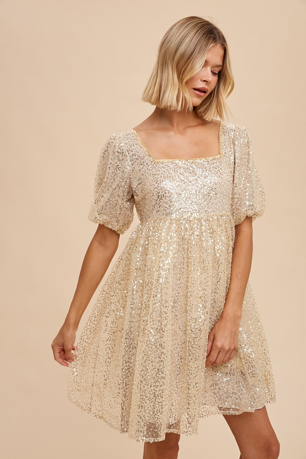 Gold Sequin Pearl Embellished Square Neck Babydoll Dress – PinkBlush