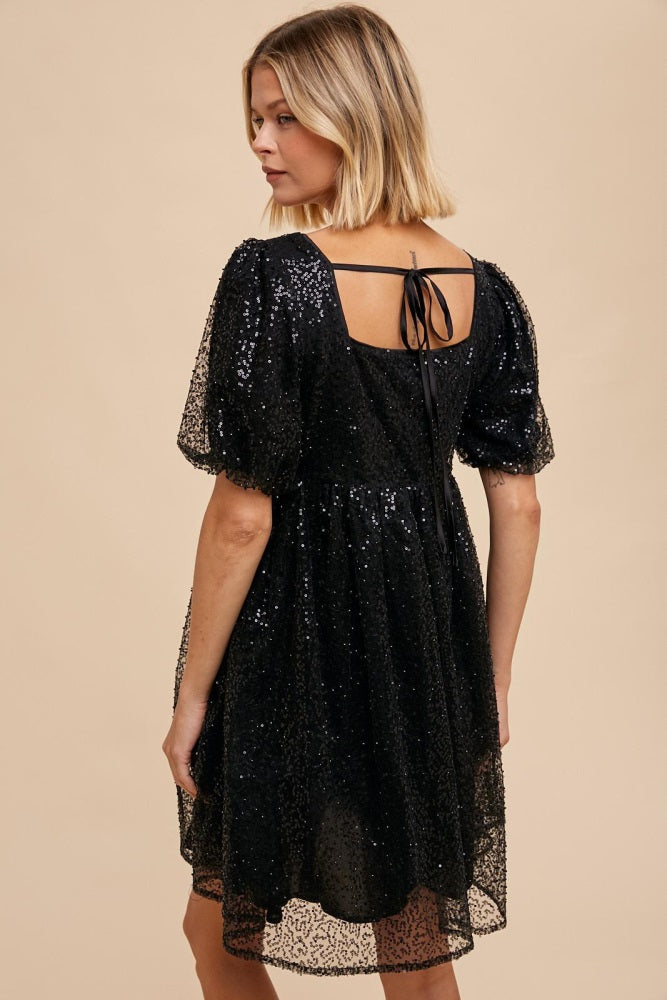 Black Sequin Pearl Embellished Square Neck Babydoll Dress PinkBlush Black Sequin Pearl Embellished Square Neck Babydoll Dress PinkBlush