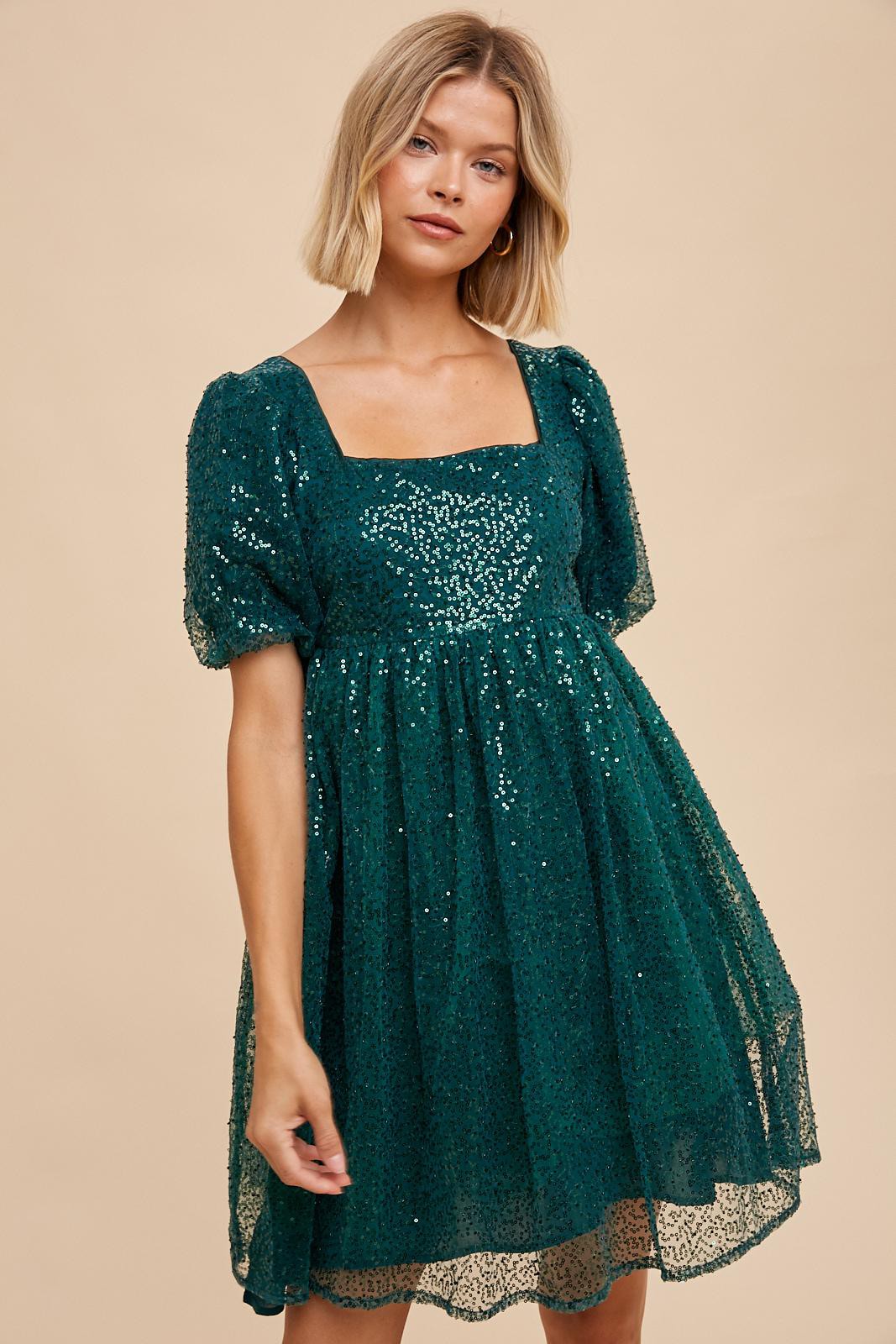 Forest Green Sequin Pearl Embellished Square Neck Babydoll Dress Forest Green Sequin Pearl Embellished Square Neck Babydoll Dress